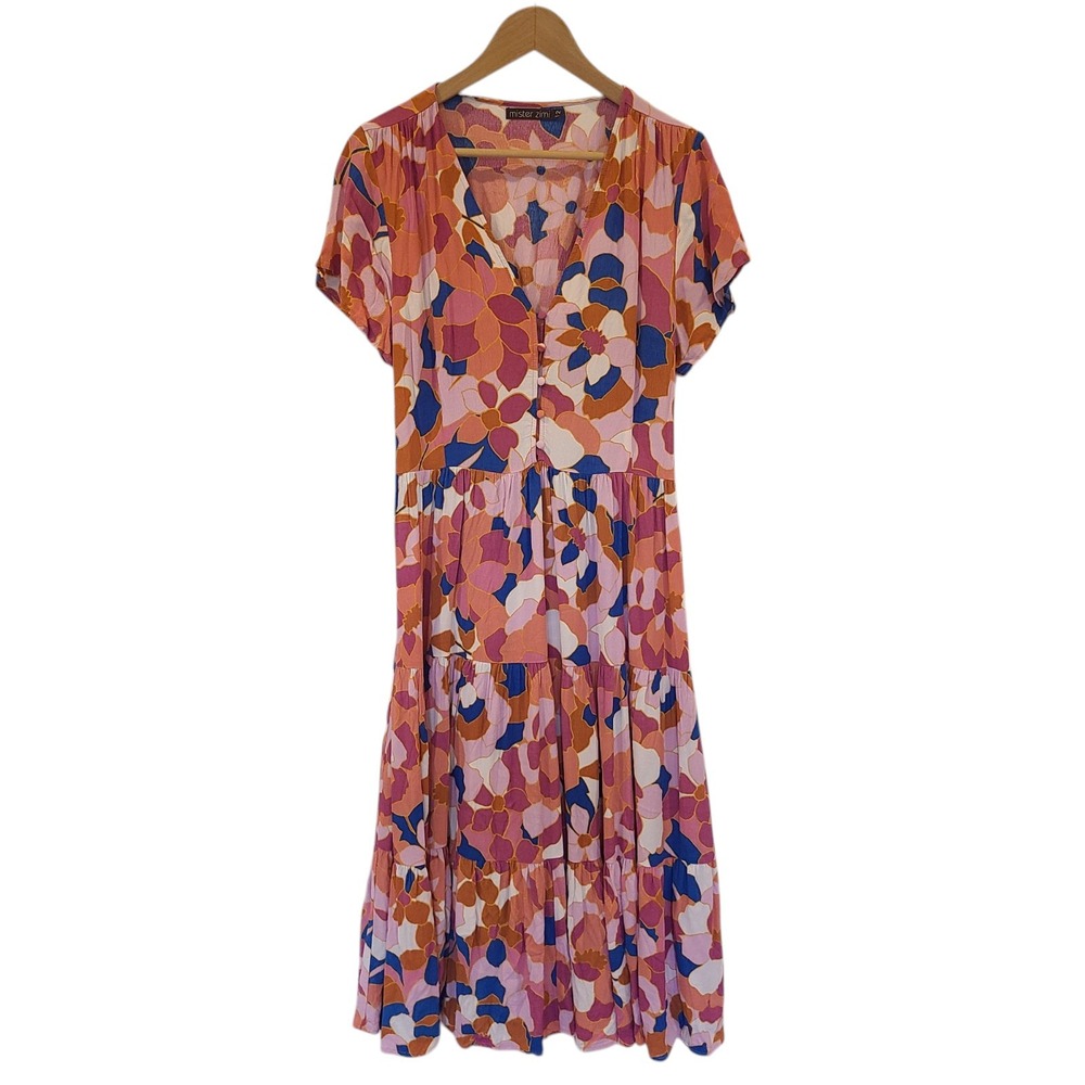 Mister Zimi Midi Colorful Tiered Floral‎ Dress Sz 12 Loose Flowy Boho Artsy